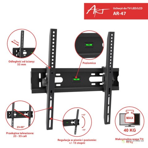 UCHWYT DO TV LCD/LED 23-55" 40KG AR-47 ART reg. w pionie UCHWYT DO TV LCD/LED 23-55" 40KG AR-47 ART reg. w pionie