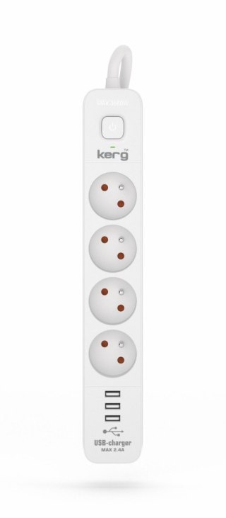 Urządz. zas.-zabezpiecz. KERG z wyłącznikiem-4 gniazda-3USB-biało-szary-1,5m-16A-H05VV-F-3x1,5mm2