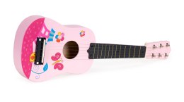 Gitara dla dzieci drewniana metalowe struny kostka- różowa ECOTOYS