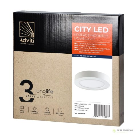 CITY LED 24W, oprawa downlight, natynkowa, okrągła, 1900lm, 3000K, biała, wbudowany zasilacz LED CITY LED 24W, oprawa downlight, natynkowa, okrągła, 1900lm, 3000K, biała, wbudowany zasilacz LED