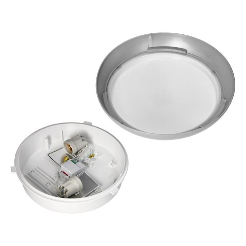 KOKO oprawa 2xE27 z mikrofalowym czujnikiem ruchu, 2x40W, srebrna-polipropylen, klosz matowy-poliwęglan, IP44, IK10