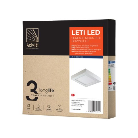 LETI LED 18W, oprawa downlight, natynkowa, kwadratowa, 1500lm, 3000K, biała, wbudowany zasilacz LED
