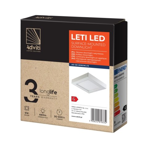 LETI LED 9W, oprawa downlight, natynkowa, kwadratowa, 530lm, 3000K, biała, wbudowany zasilacz LED