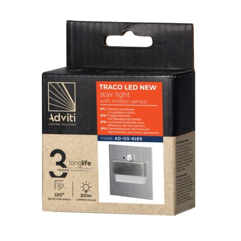 TRACO LED 1,5W, oprawa schodowa podtynkowa, 12VDC, 30lm, 4000K, satyna, czujnik ruchu i zmierzchu