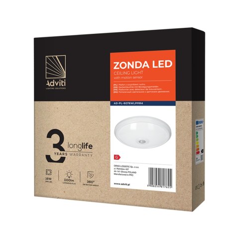 ZONDA LED 16W, plafon z czujnikiem ruchu, 1100lm, IP20, 4000K, poliwęglan mleczny, biały