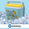 Lodówka turystyczna 24L Kamai Coolbox na wkłady mrożące, niebieska z nadrukiem cytryn, żółta pokrywa i biała rączka