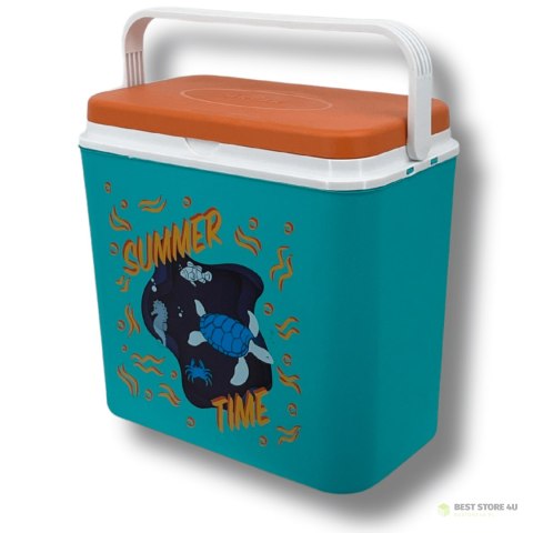 Lodówka turystyczna 24L Kamai Coolbox na wkłady mrożące, niebieska z nadrukiem zwierząt morskich, pomarańczowa pokrywa i biała r Lodówka turystyczna 24L Kamai Coolbox na wkłady mrożące, niebieska z nadrukiem zwierząt morskich, pomarańczowa pokrywa i biała r