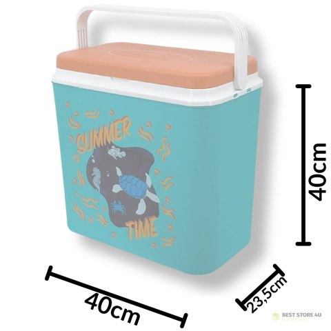 Lodówka turystyczna 24L Kamai Coolbox na wkłady mrożące, niebieska z nadrukiem zwierząt morskich, pomarańczowa pokrywa i biała r Lodówka turystyczna 24L Kamai Coolbox na wkłady mrożące, niebieska z nadrukiem zwierząt morskich, pomarańczowa pokrywa i biała r
