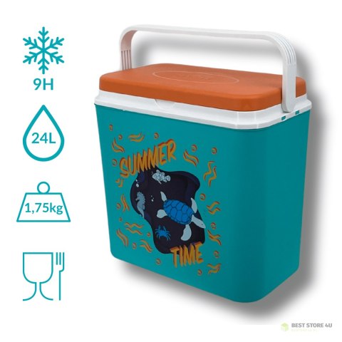 Lodówka turystyczna 24L Kamai Coolbox na wkłady mrożące, niebieska z nadrukiem zwierząt morskich, pomarańczowa pokrywa i biała r Lodówka turystyczna 24L Kamai Coolbox na wkłady mrożące, niebieska z nadrukiem zwierząt morskich, pomarańczowa pokrywa i biała r