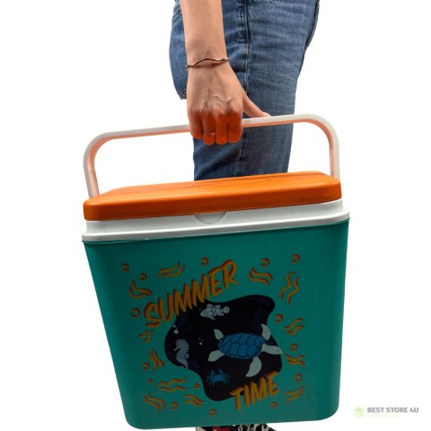 Lodówka turystyczna 24L Kamai Coolbox na wkłady mrożące, niebieska z nadrukiem zwierząt morskich, pomarańczowa pokrywa i biała r Lodówka turystyczna 24L Kamai Coolbox na wkłady mrożące, niebieska z nadrukiem zwierząt morskich, pomarańczowa pokrywa i biała r