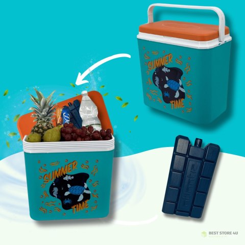 Lodówka turystyczna 24L Kamai Coolbox na wkłady mrożące, niebieska z nadrukiem zwierząt morskich, pomarańczowa pokrywa i biała r Lodówka turystyczna 24L Kamai Coolbox na wkłady mrożące, niebieska z nadrukiem zwierząt morskich, pomarańczowa pokrywa i biała r