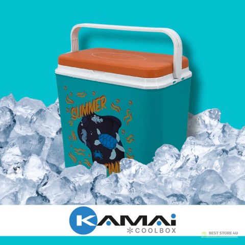 Lodówka turystyczna 24L Kamai Coolbox na wkłady mrożące, niebieska z nadrukiem zwierząt morskich, pomarańczowa pokrywa i biała r Lodówka turystyczna 24L Kamai Coolbox na wkłady mrożące, niebieska z nadrukiem zwierząt morskich, pomarańczowa pokrywa i biała r