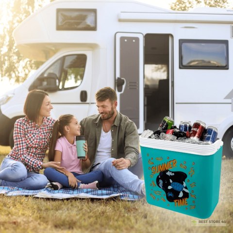 Lodówka turystyczna 24L Kamai Coolbox na wkłady mrożące, niebieska z nadrukiem zwierząt morskich, pomarańczowa pokrywa i biała r Lodówka turystyczna 24L Kamai Coolbox na wkłady mrożące, niebieska z nadrukiem zwierząt morskich, pomarańczowa pokrywa i biała r