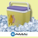 Lodówka turystyczna 24L Kamai Coolbox na wkłady mrożące, żółta z nadrukiem lodów, fioletowa pokrywa i biała rączka
