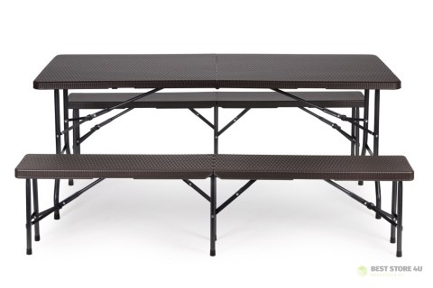 Zestaw cateringowy stół bankietowy 180cm 2 ławki ratan brąz ModernHome Zestaw cateringowy stół bankietowy 180cm 2 ławki ratan brąz ModernHome