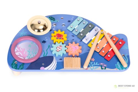 Stolik z instrumentami stół muzyczny cymbałki talerz perkusyjny tarka motyw morski ECOTOYS Stolik z instrumentami stół muzyczny cymbałki talerz perkusyjny tarka motyw morski ECOTOYS