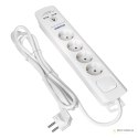 Listwa przeciwprzepięciowa, 4 gniazda 2P+Z (Schuko), kabel 3x1,0mm2, 3m, z wyłącznikiem podświetlanym dwutorowym. 16A/230 VAC, O