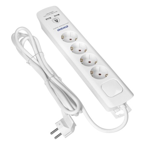 Listwa przeciwprzepięciowa, 4 gniazda 2P+Z (Schuko), kabel 3x1,0mm2, 3m, z wyłącznikiem podświetlanym dwutorowym. 16A/230 VAC, O