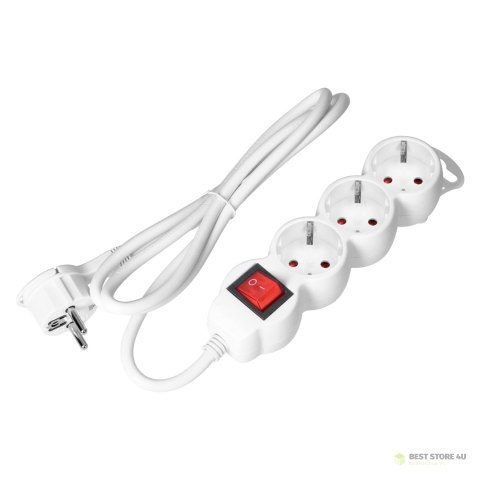 Przedłużacz 3-krotny 2P+Z (Schuko), z wyłącznikiem, 5m H05VV-F 3x1,5mm2, Imax=16A, płaska wtyczka, biały Przedłużacz 3-krotny 2P+Z (Schuko), z wyłącznikiem, 5m H05VV-F 3x1,5mm2, Imax=16A, płaska wtyczka, biały