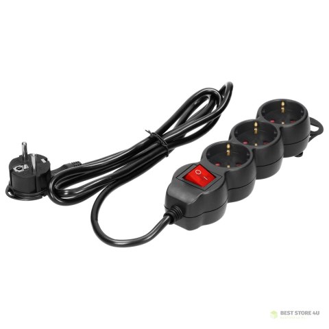 Przedłużacz 3-krotny 2P+Z (Schuko), z wyłącznikiem, 5m H05VV-F 3x1,5mm2, Imax=16A, płaska wtyczka, czarny Przedłużacz 3-krotny 2P+Z (Schuko), z wyłącznikiem, 5m H05VV-F 3x1,5mm2, Imax=16A, płaska wtyczka, czarny
