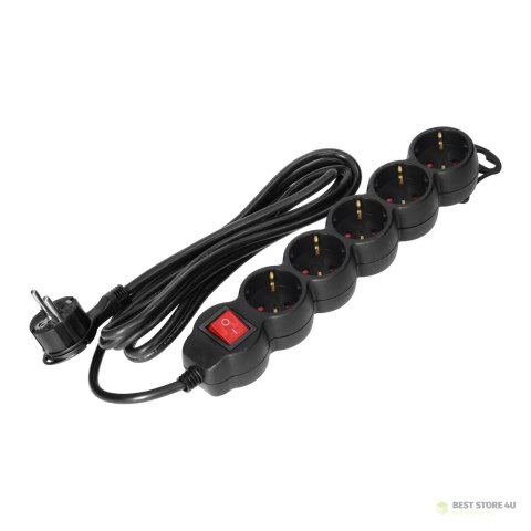 Przedłużacz 5-krotny 2P+Z (Schuko), z wyłącznikiem, 5m H05VV-F 3x1,5mm2, Imax=16A, płaska wtyczka, czarny Przedłużacz 5-krotny 2P+Z (Schuko), z wyłącznikiem, 5m H05VV-F 3x1,5mm2, Imax=16A, płaska wtyczka, czarny