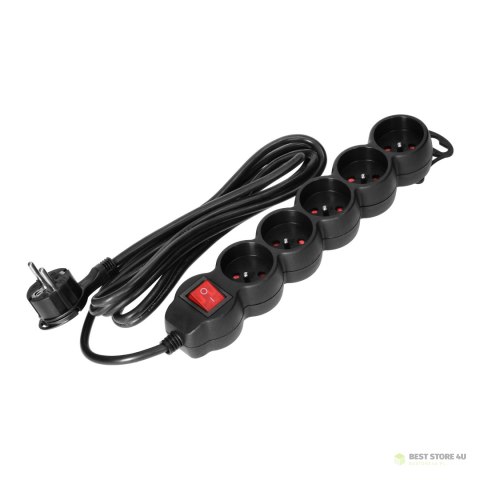 Przedłużacz 5-krotny 2P+Z, z wyłącznikiem, 5m H05VV-F 3x1,5mm2, Imax=16A, płaska wtyczka, czarny Przedłużacz 5-krotny 2P+Z, z wyłącznikiem, 5m H05VV-F 3x1,5mm2, Imax=16A, płaska wtyczka, czarny