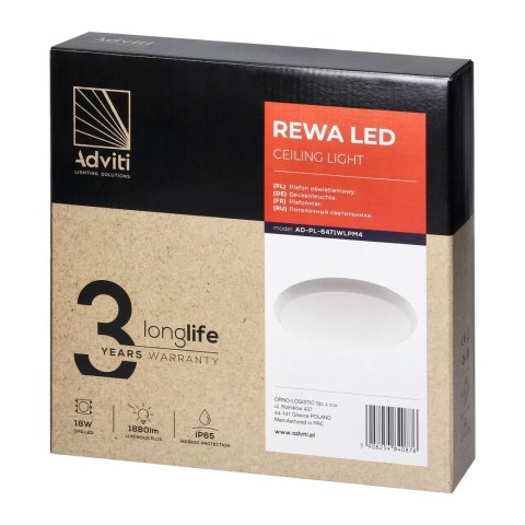 REWA LED 18W, plafon oświetleniowy, 1880lm, IP65, 4000K, klosz PC