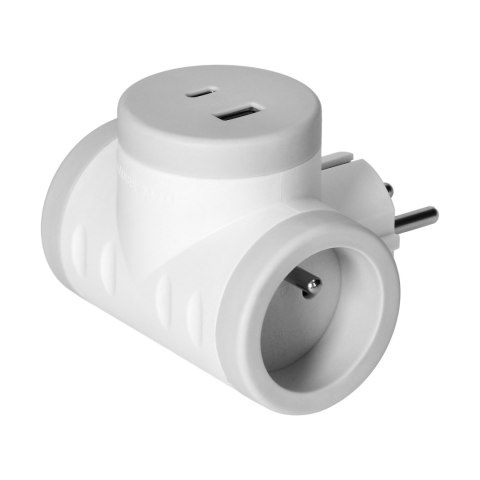 Rozgałęźnik 2P+Z z ładowarką 2xUSB, szybkie ładowanie, biało-szary