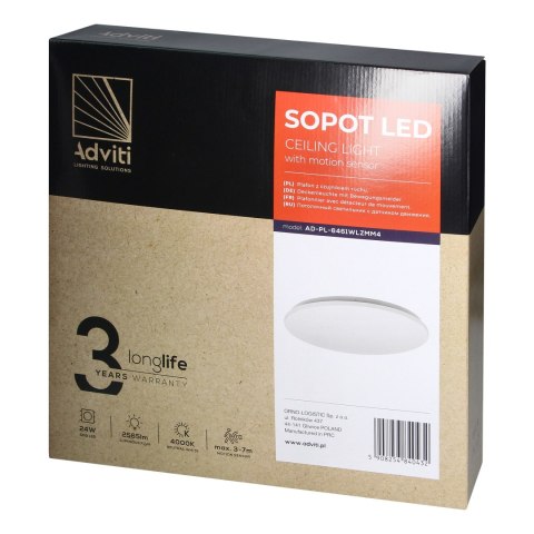 SOPOT LED 24W, plafon z mikrofalowym czujnikiem ruchu, 2565lm, IP20, 4000K, klosz PVC