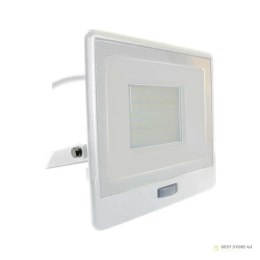 Projektor LED V-TAC 50W SAMSUNG CHIP Czujnik Ruchu Biały Przewód 1M VT-158S-1 4000K 4000lm 5 Lat Gwarancji