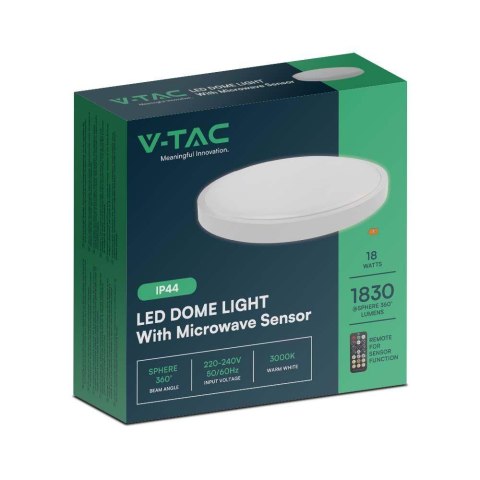 Plafon V-TAC 18W LED Okrągły 29cm Natynkowy Pilot Czujnik Ruchu IP44 Biały VT-8618S 4000K 1830lm
