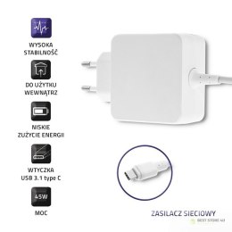 Qoltec 50194 Zasilacz sieciowy 45W | 5-20V | 2-3A | USB C |PD | Biała