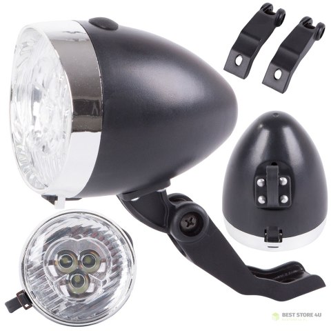 Oświetlenie rowerowe przednie lampka na rower 3 led baterie retro chrom