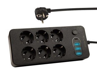 PS-620 6-socketový napájecí adaptér 3xusb 1xusb-c 2m černý 2x1mm