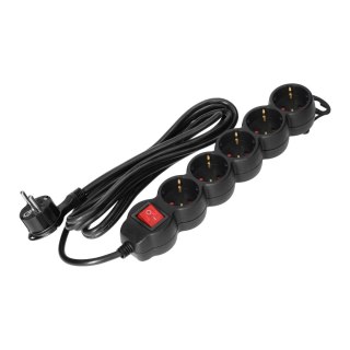 Przedłużacz 5-krotny 2P+Z (Schuko) z wyłącznikiem, 1,5m H05VV-F 3x1,5mm2, Imax=16A, płaska wtyczka, czarny