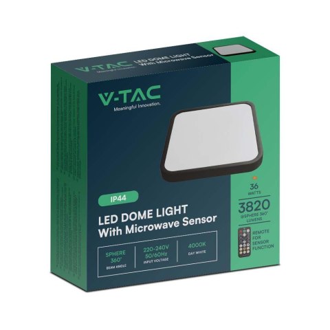 Plafon V-TAC 36W LED Kwadrat 42x42cm Natynkowy Pilot Czujnik Ruchu IP44 Czarny VT-8630S 4000K 3820lm