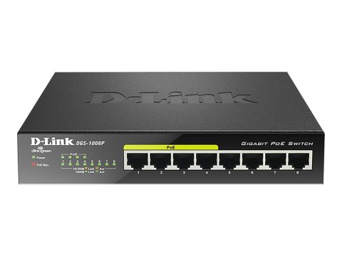 8-portowy gigabitowy przełącznik PoE D-Link DGS-1008P Niezarządzalny, stacjonarny