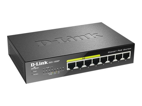 8-portowy gigabitowy przełącznik PoE D-Link DGS-1008P Niezarządzalny, stacjonarny