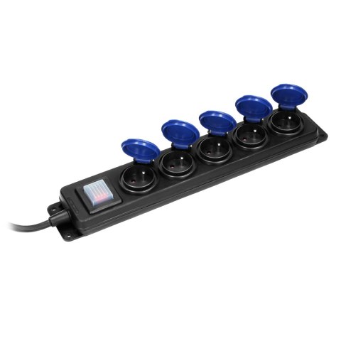 Przedłużacz warsztatowy bryzgoszczelny z wyłącznikiem, 5 gniazd 2P+Z, IP44, przewód gumowy, H05RR-F 3x1,5mm?, długość 5m