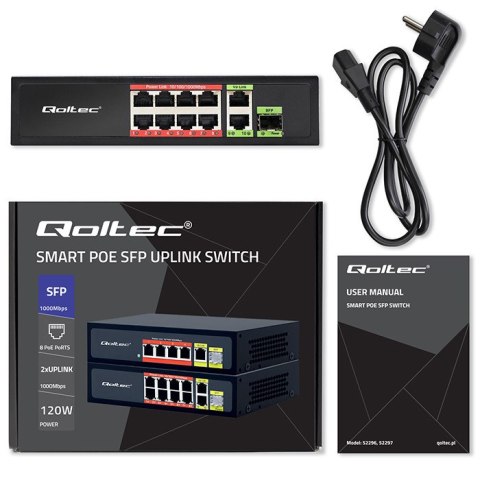 Qoltec Przełącznik sieciowy SWITCH FAST Ethernet PoE 8x RJ45 PoE 2x RJ45 Uplink 1x SFP | 120W | 1000 Mb/s