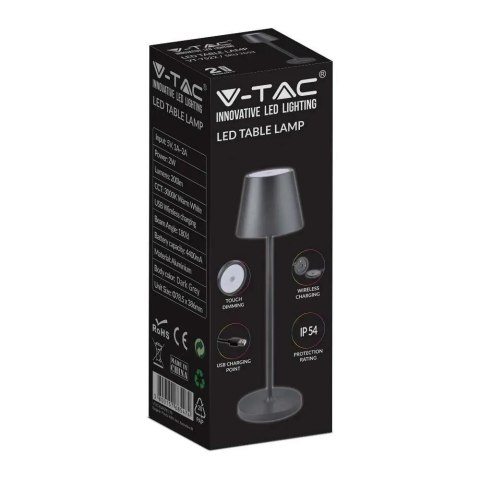 Lampka Biurkowa Nocna V-TAC 1,5W LED 27,5cm Ładowanie Ściemnianie IP54 Czarna VT-7997 3000K 150lm