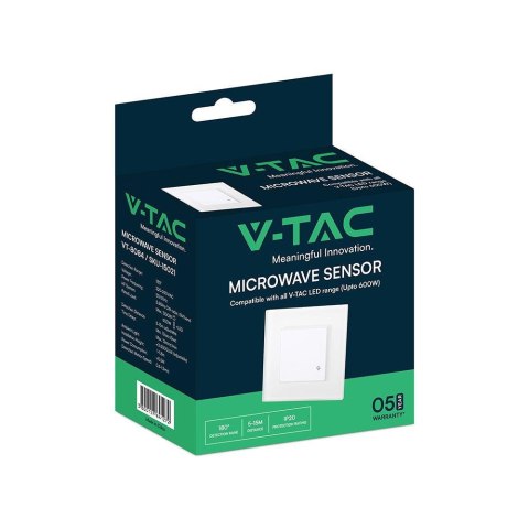 Czujnik Ruchu Mikrofalowy Ścienny Podtynkowy Dopuszkowy Biały 1200W/300W V-TAC VT-8084