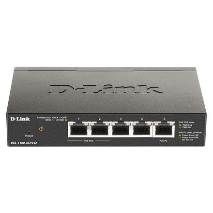 D-Link DGS-1100-05PDV2 łącza sieciowe Zarządzany Gigabit Ethernet (10/100/1000) Obsługa PoE Czarny