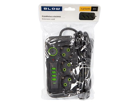 Przedłużacz sieciowy ps-330s 3-gniazda 4xusb 1xusb-c 3m czarny 2x1mm