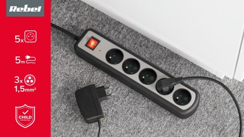 Listwa zasilajaca Rebel 5 gniazd z przełącznikiem, 5m (3x1,5mm) Rebel