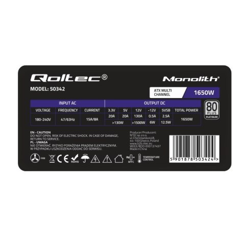 Qoltec Wydajny Zasilacz ATX 1650W | 80 Plus Platinum