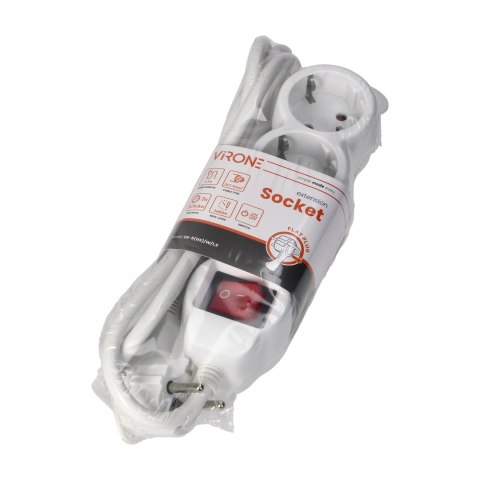 Przedłużacz 3-krotny 2P+Z (Schuko) z wyłącznikiem, 1,5m H05VV-F 3x1,5mm2, Imax=16A, płaska wtyczka, biały Orno
