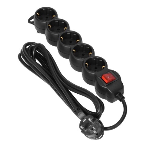 Przedłużacz 5-krotny 2P+Z (Schuko), z wyłącznikiem, 3m H05VV-F 3x1,5mm2, Imax=16A, płaska wtyczka, czarny Orno