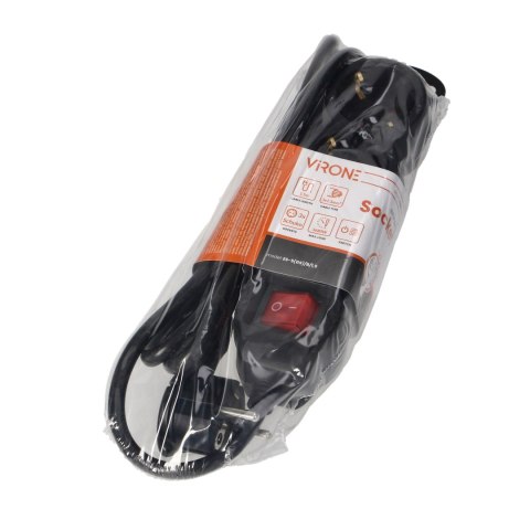 Przedłużacz 3-krotny 2P+Z (Schuko), z wyłącznikiem, 1,5m H05VV-F 3x1,5mm2, Imax=16A, płaska wtyczka, czarny Orno