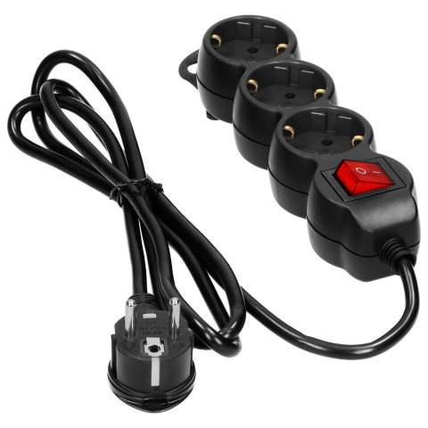 Przedłużacz 3-krotny 2P+Z (Schuko), z wyłącznikiem, 1,5m H05VV-F 3x1,5mm2, Imax=16A, płaska wtyczka, czarny Orno